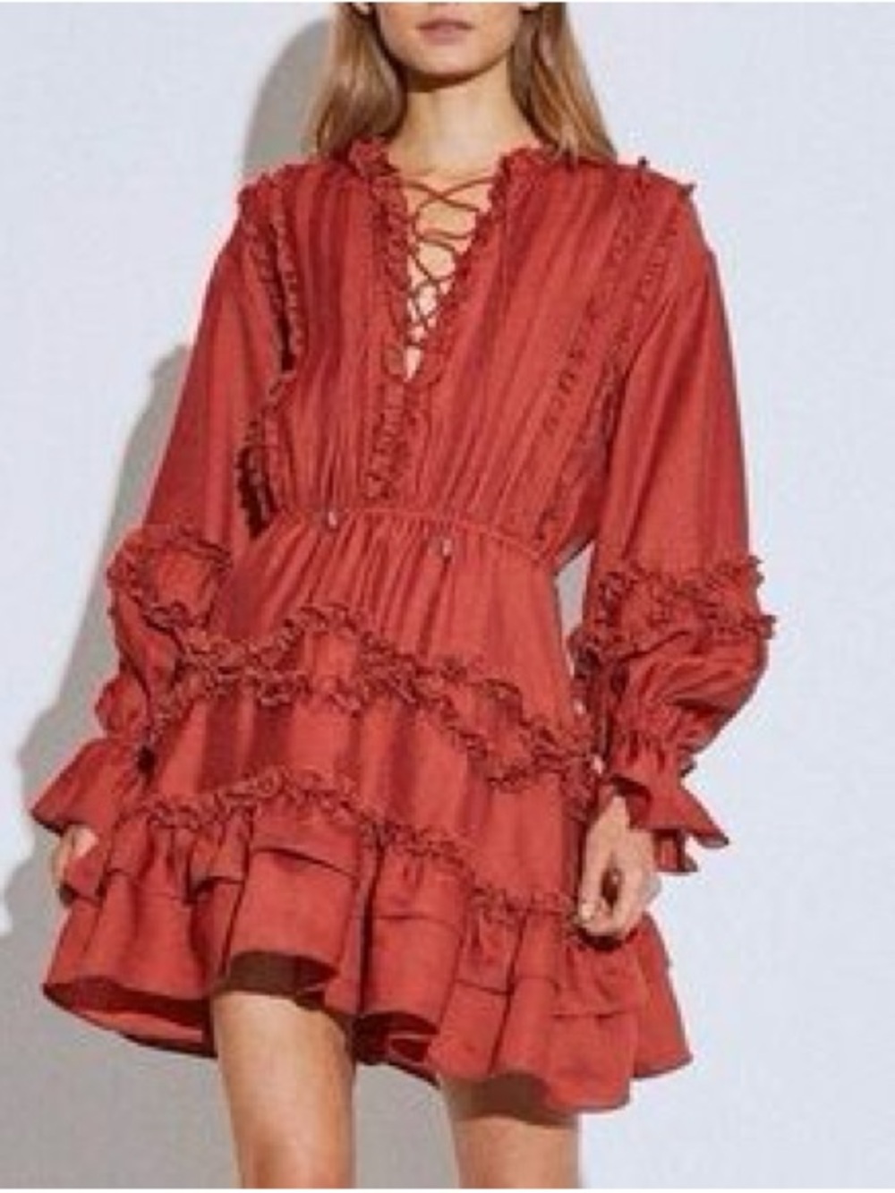 C/MEO Collective Ruffle Lace-Up Mini Dress XS Rust Red Long Balloon Sleeves boho